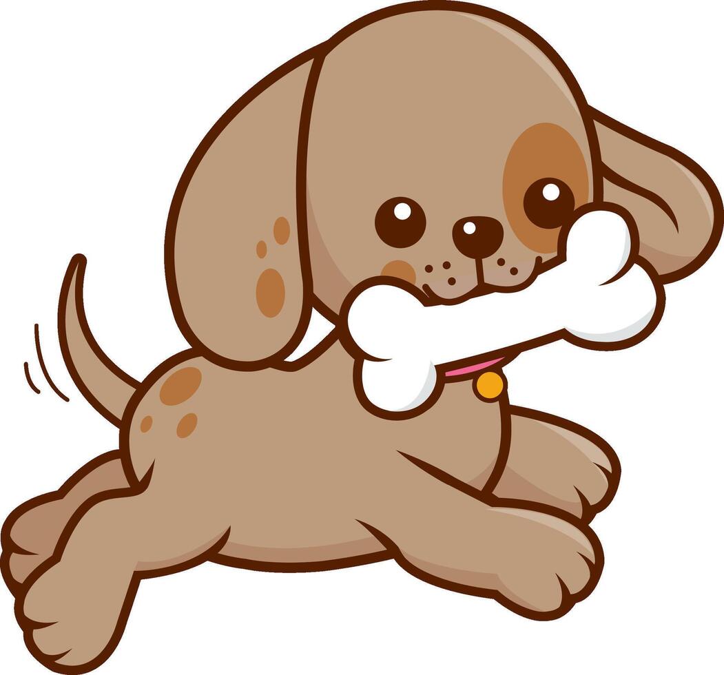 Dog running with a bone in his mouth. Cute puppy pet chew on a toy bone, playing and running. vector