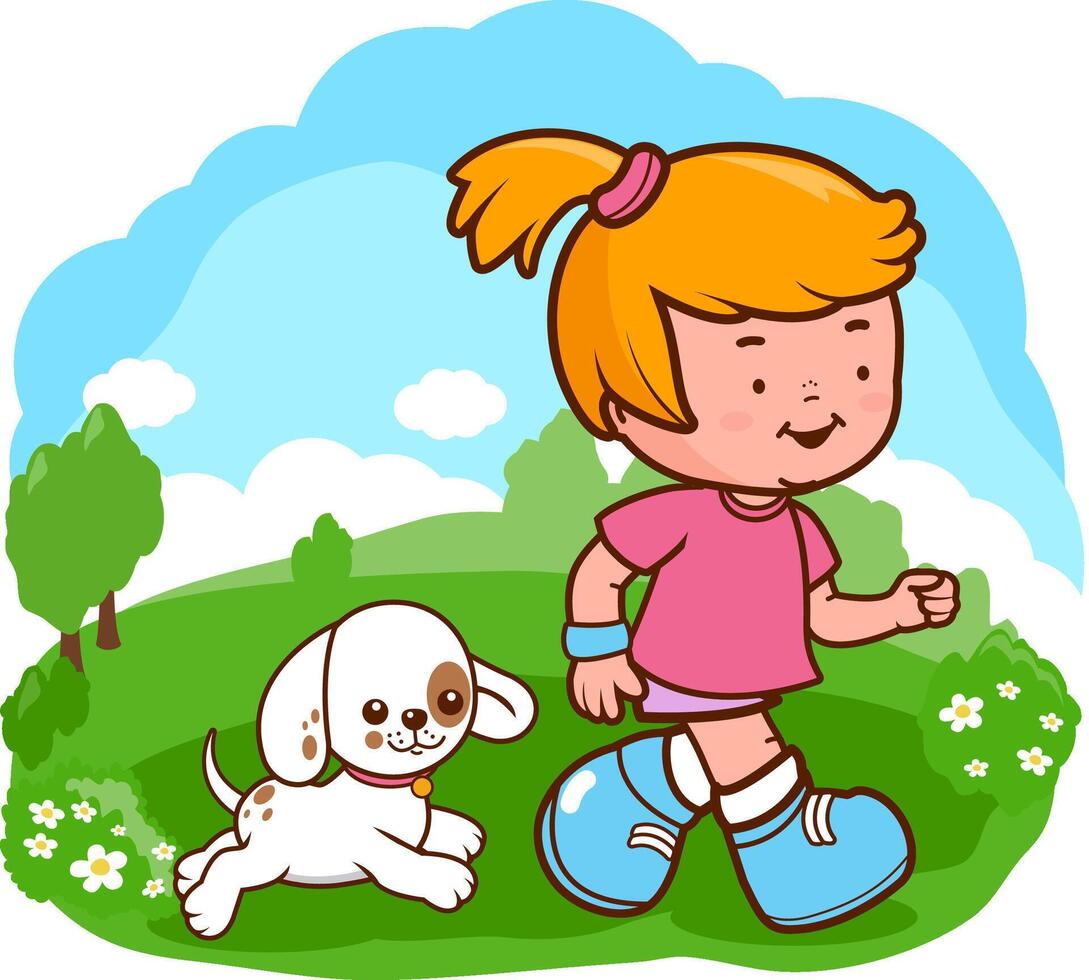 Little girl and her dog running at the park. Fitness kid and her pet working out. Child taking her dog out walking and exercising. vector