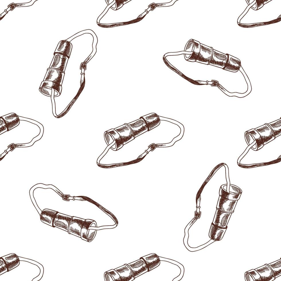 A hand-drawn ink seamless pattern of a vintage spyglass. Outline on a white background, vintage illustration. Vintage sketch element for labels, packaging and cards design. vector