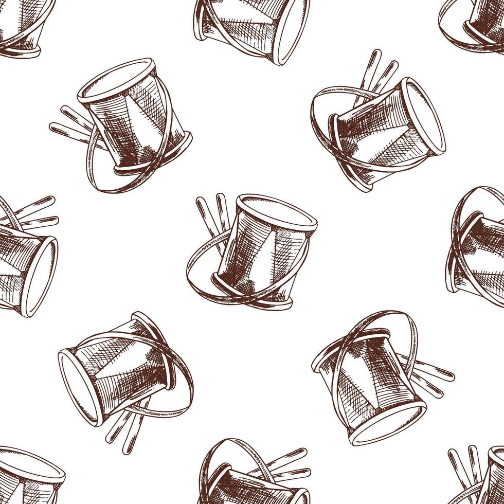 A hand-drawn ink seamless pattern of a toy drum with drumsticks. Outline on a white background, vintage illustration. Vintage sketch element for labels, packaging and cards design. vector