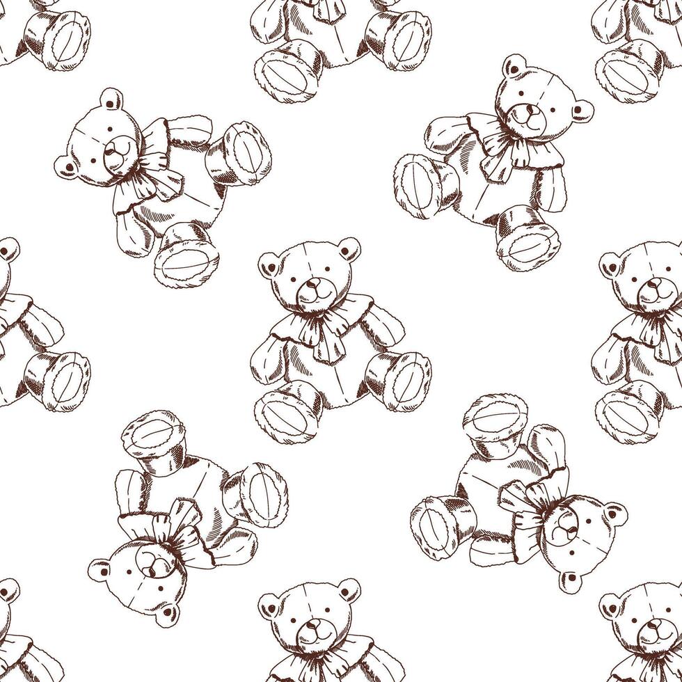 A hand-drawn ink seamless pattern of a vintage toy. Teddy bear toy. Outline on a white background, vintage r illustration. vector