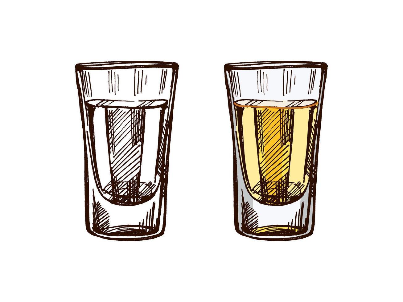 Hand-drawn colored and monochrome shot glass with tequila. Design element for the menu of bars and restaurants, alcohol stores. sketch illustration in engraving style. Mexican, Latin America. vector