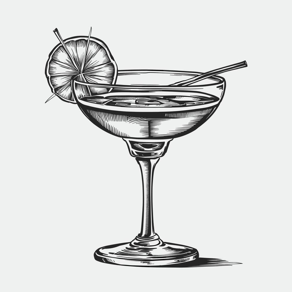 A drawing of a cocktail with a slice of lemon vector