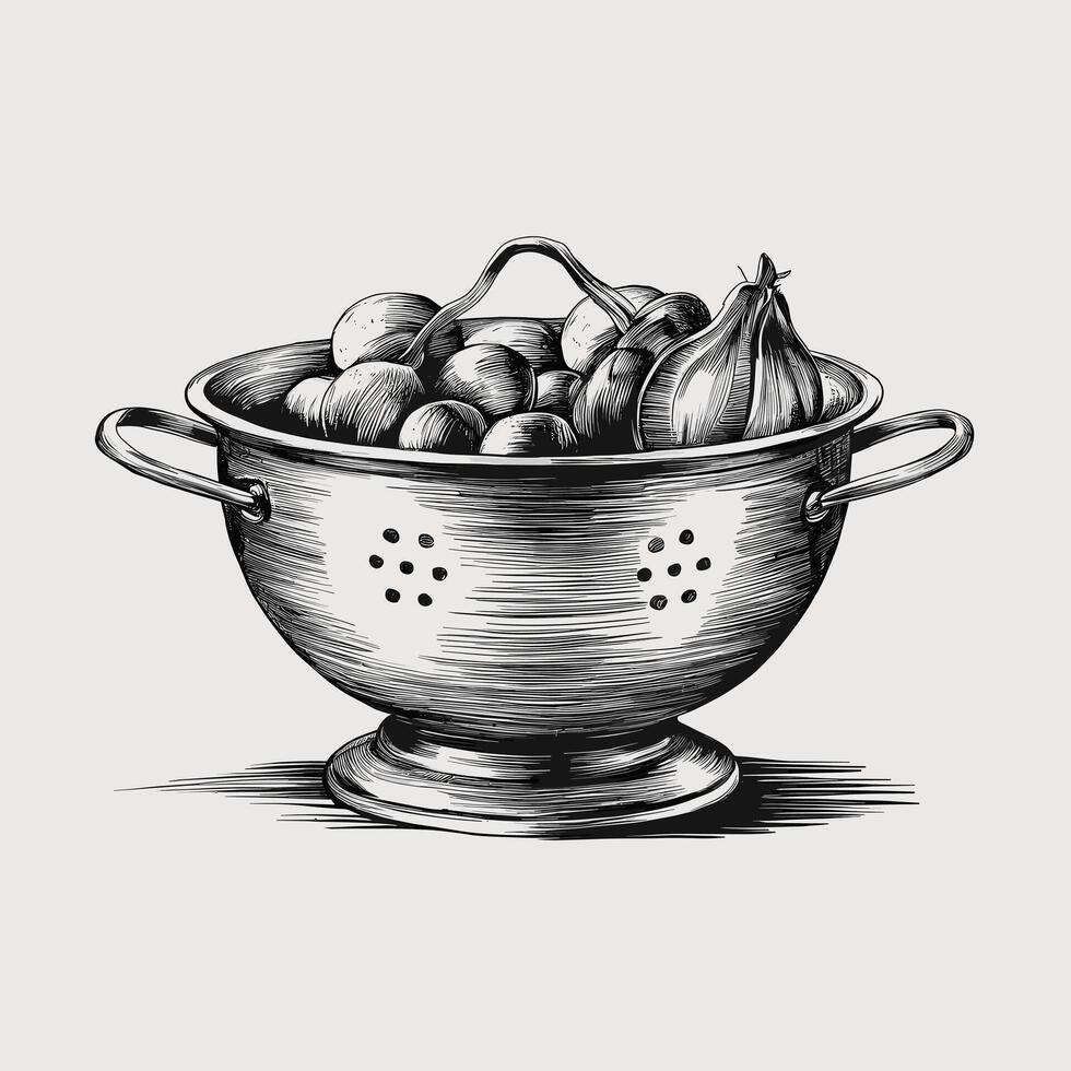 A black and white drawing of a colander with olives vector