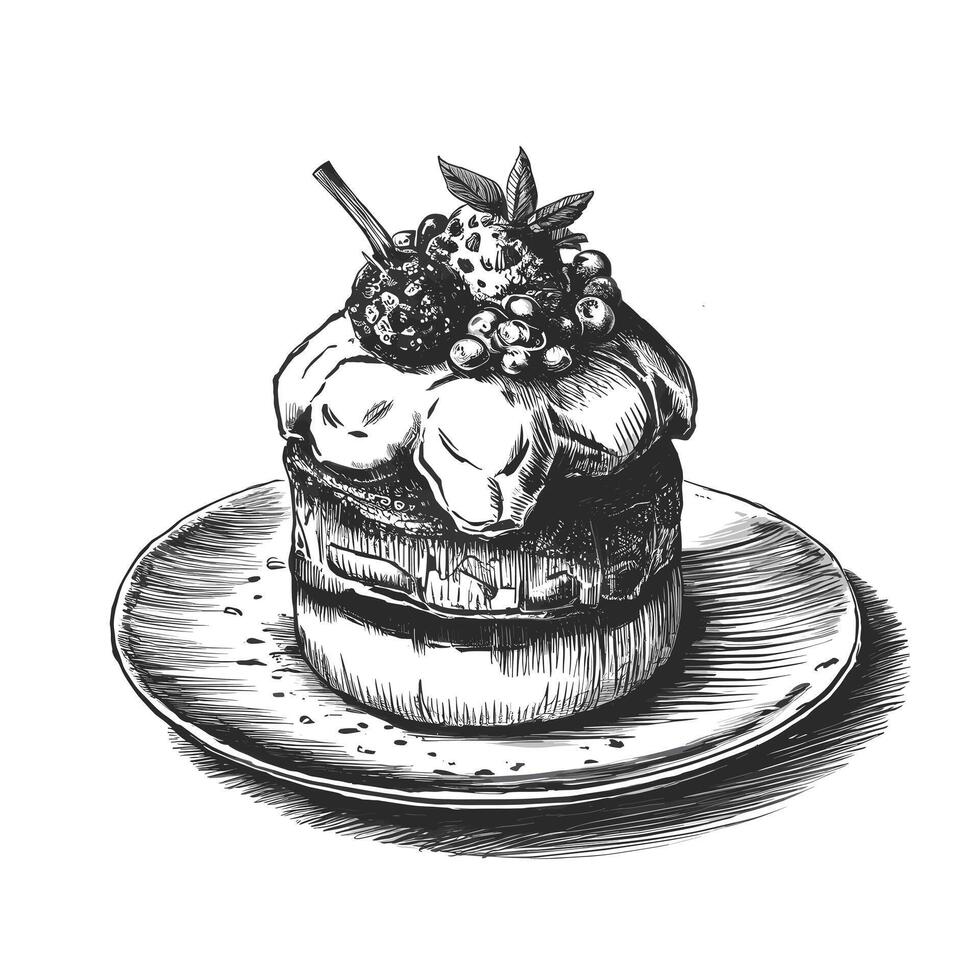 A black and white drawing of a cake on a plate vector