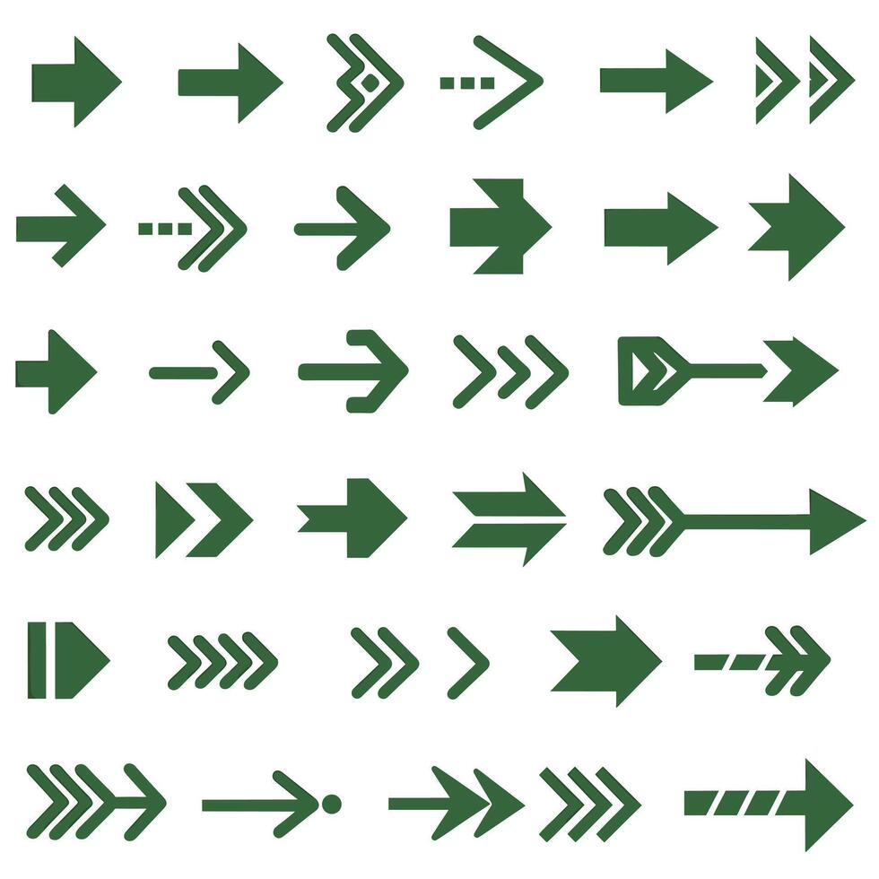 Set of Unique Green Arrow Symbols in a Grid Pattern vector