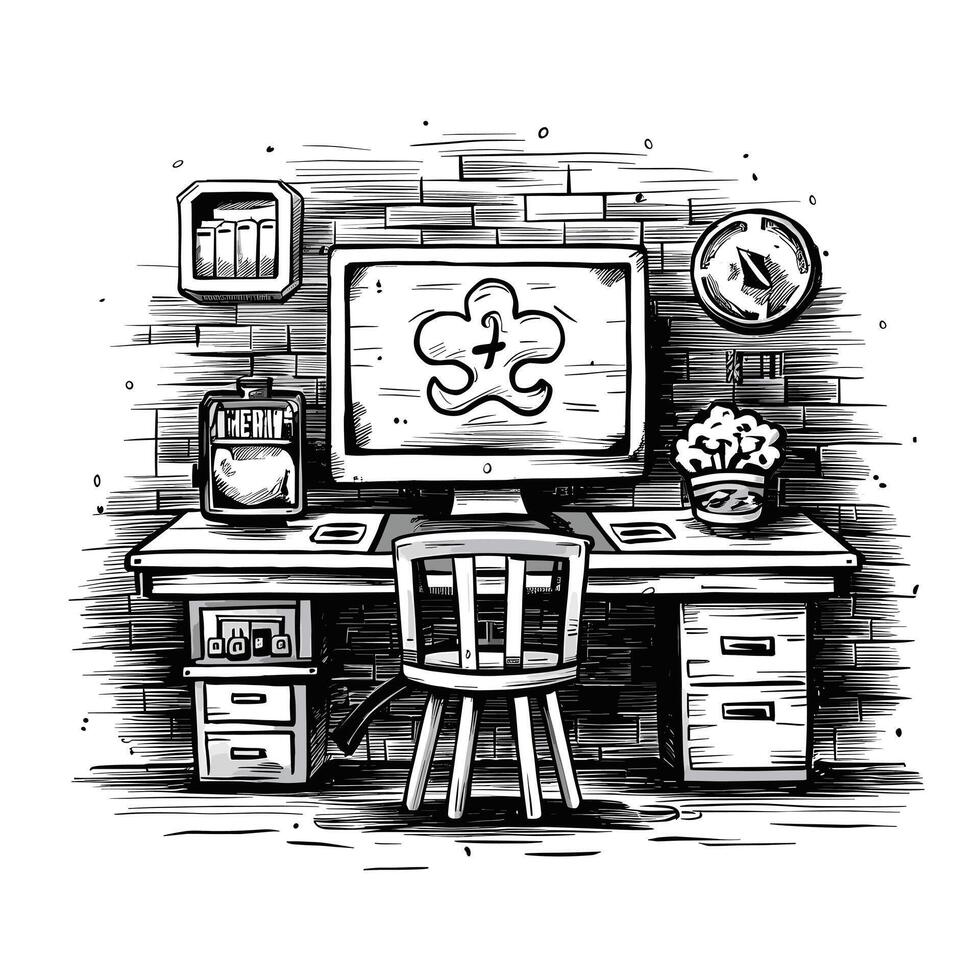 A drawing of a computer desk with a chair and a clock vector