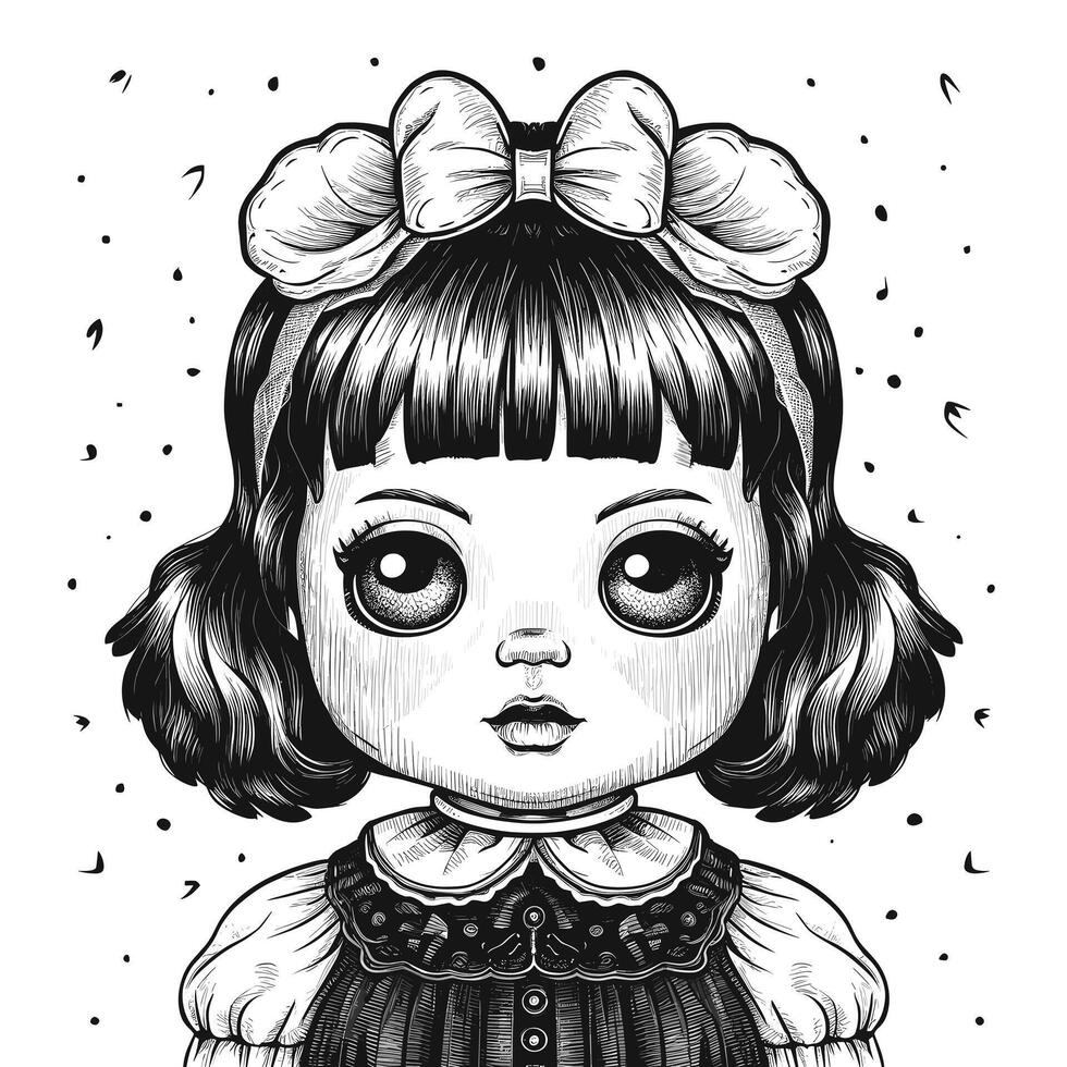 A black and white drawing of a little girl with big eyes vector