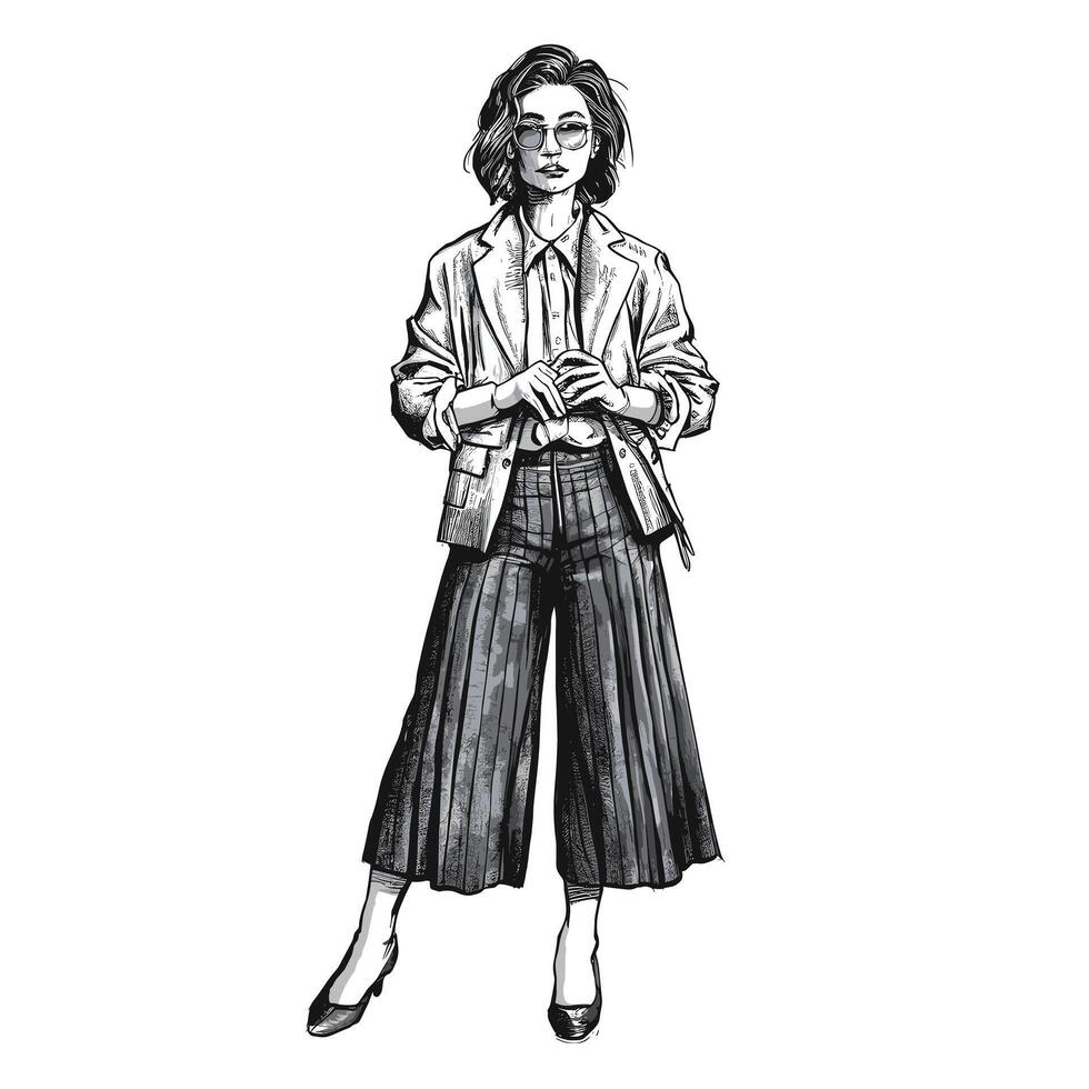 A drawing of a woman in a suit and pants vector