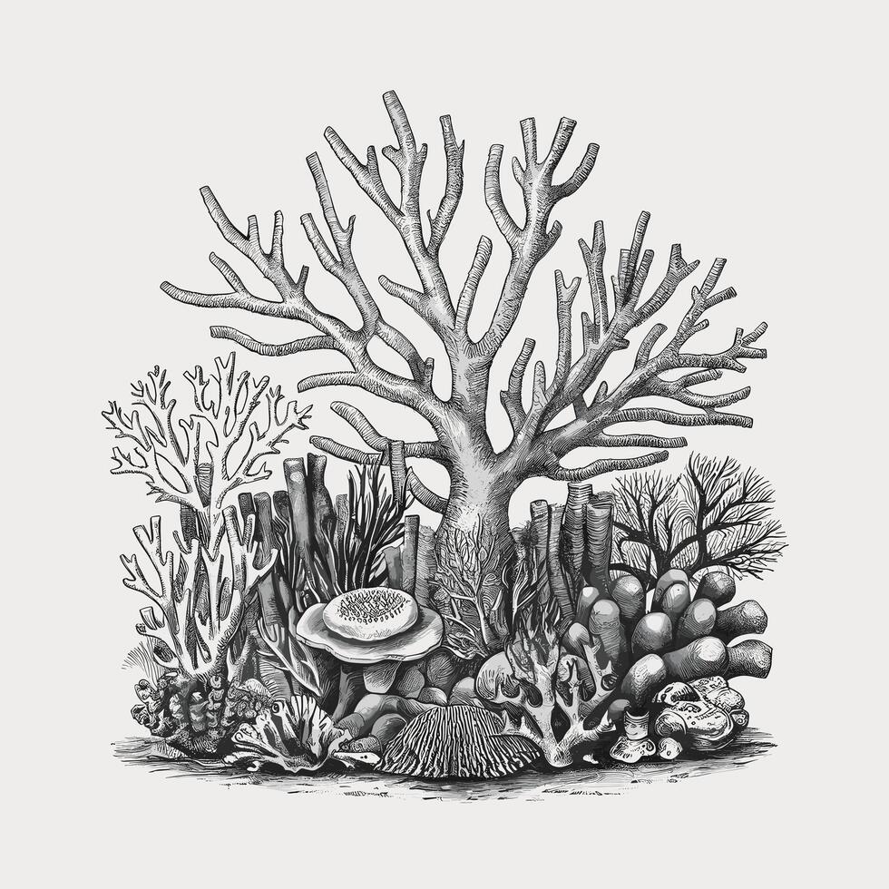 A black and white drawing of a coral reef vector