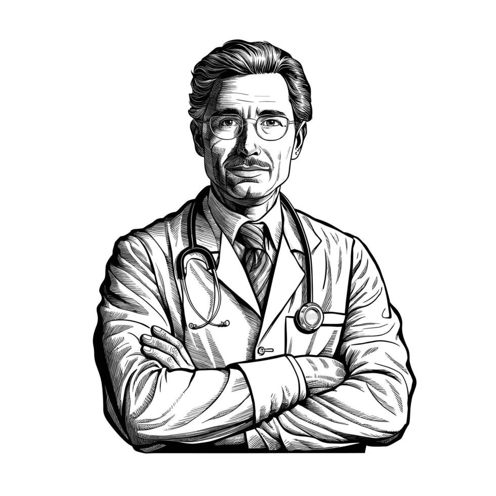 A black and white drawing of a doctor vector