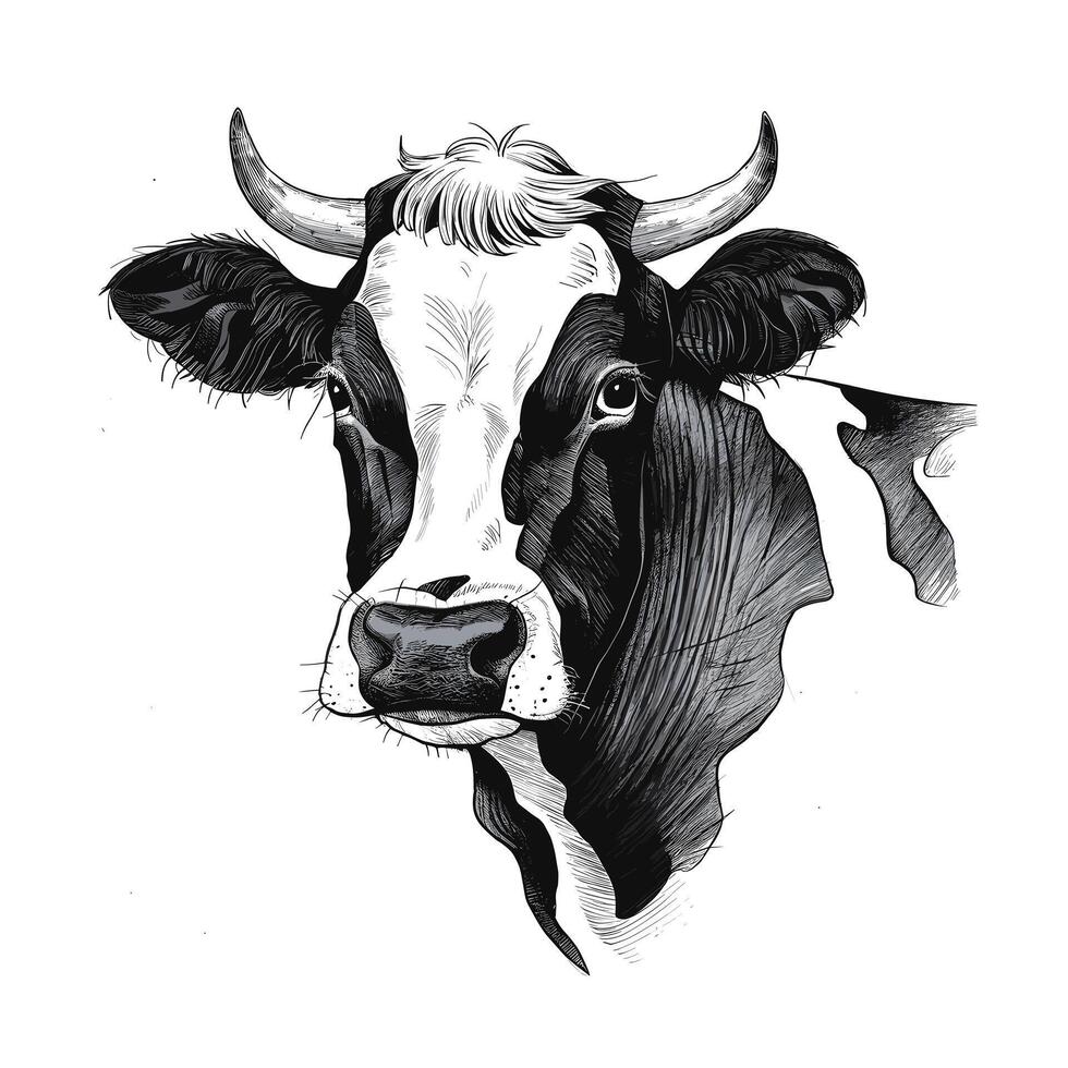 A black and white drawing of a cow vector