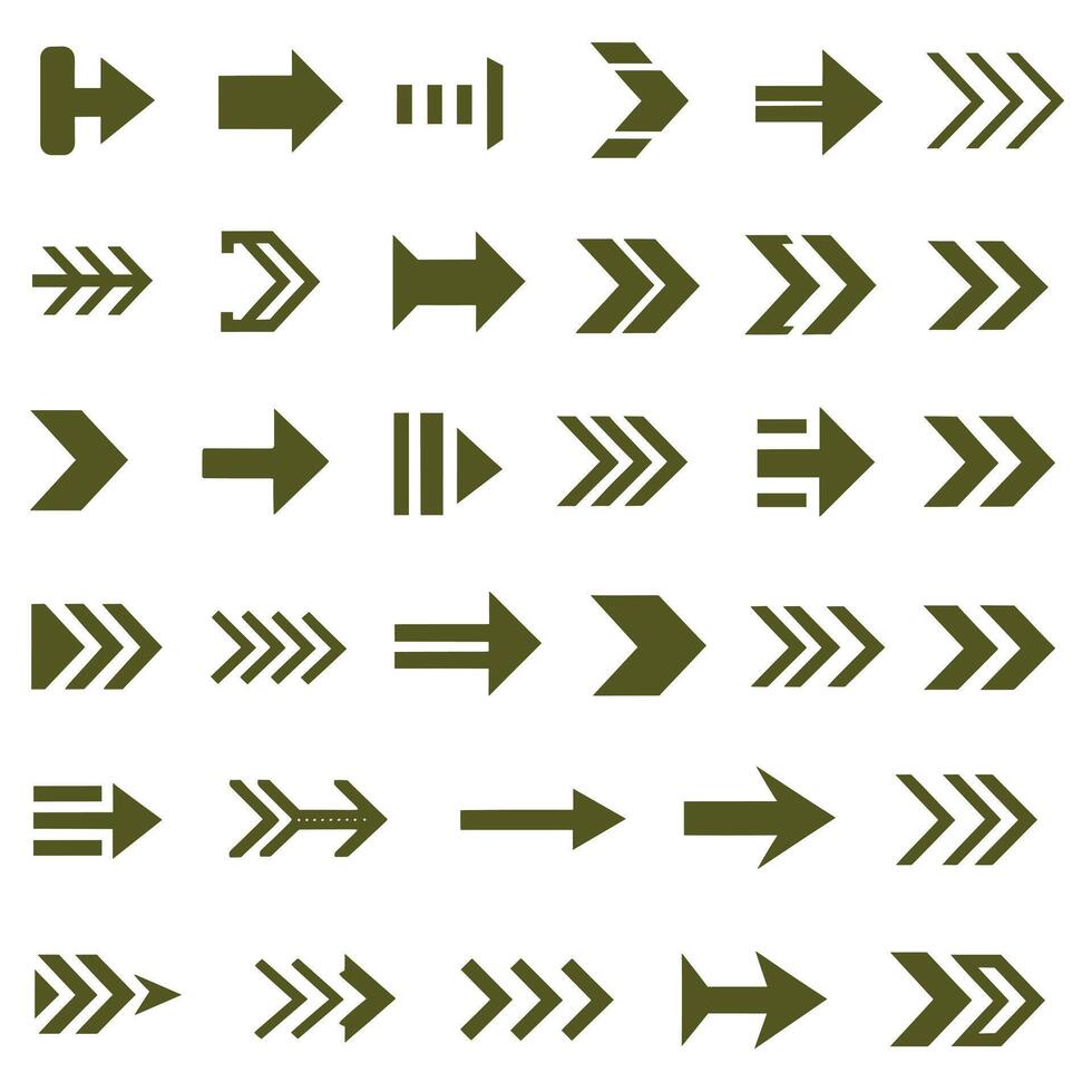 Set of Unique Olive Arrow Symbols in a Grid Pattern vector