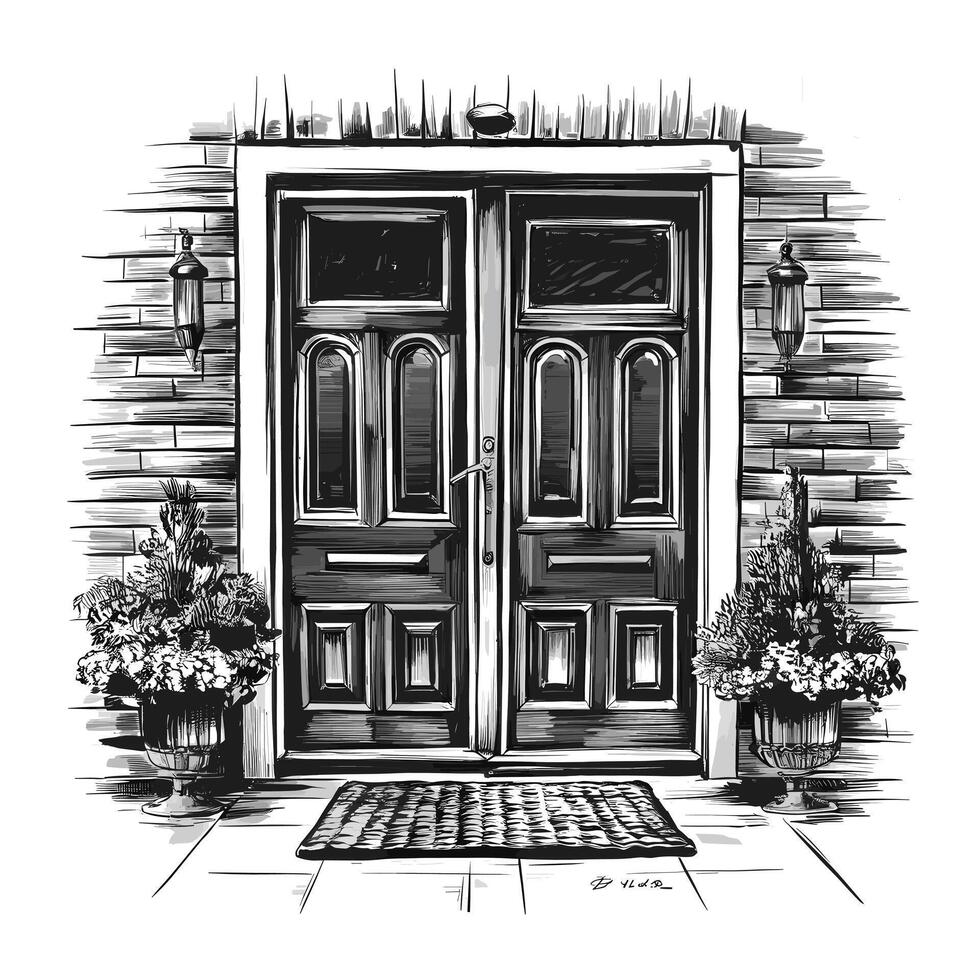 A drawing of a front door with flowers vector