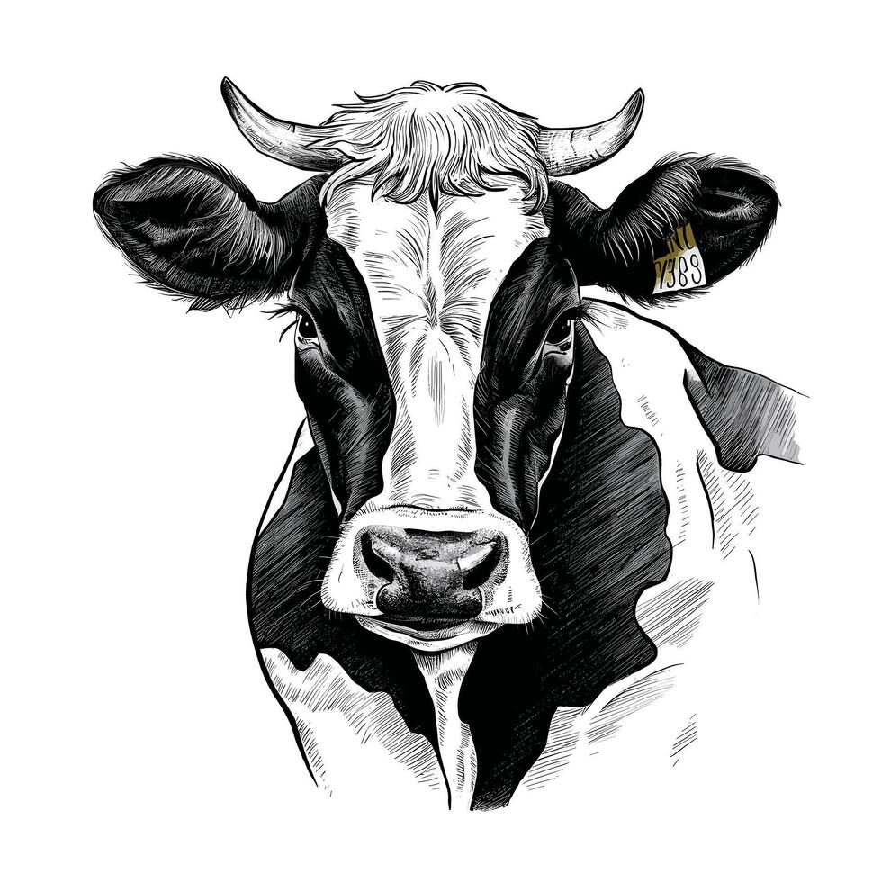 A black and white drawing of a cow vector