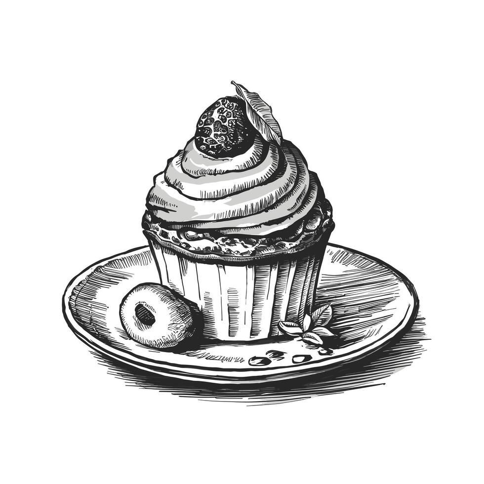 A black and white drawing of a cupcake with cream and berries vector