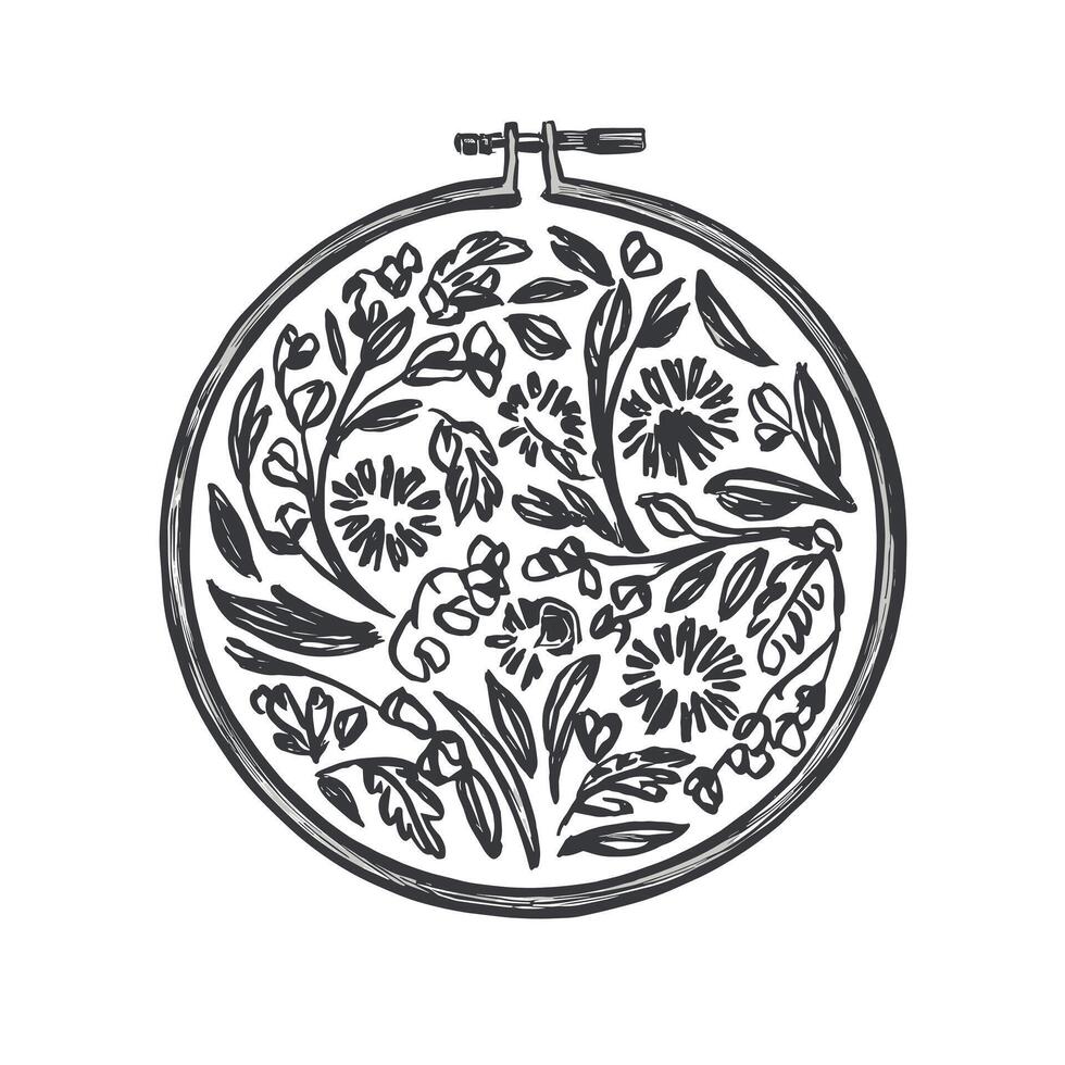 A black and white drawing of a flower embroidery hoop vector