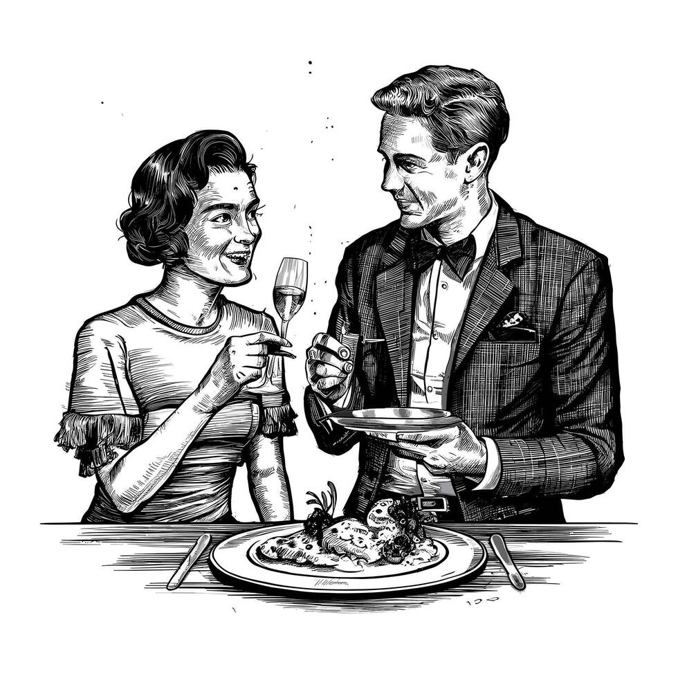 A black and white drawing of a couple having dinner vector