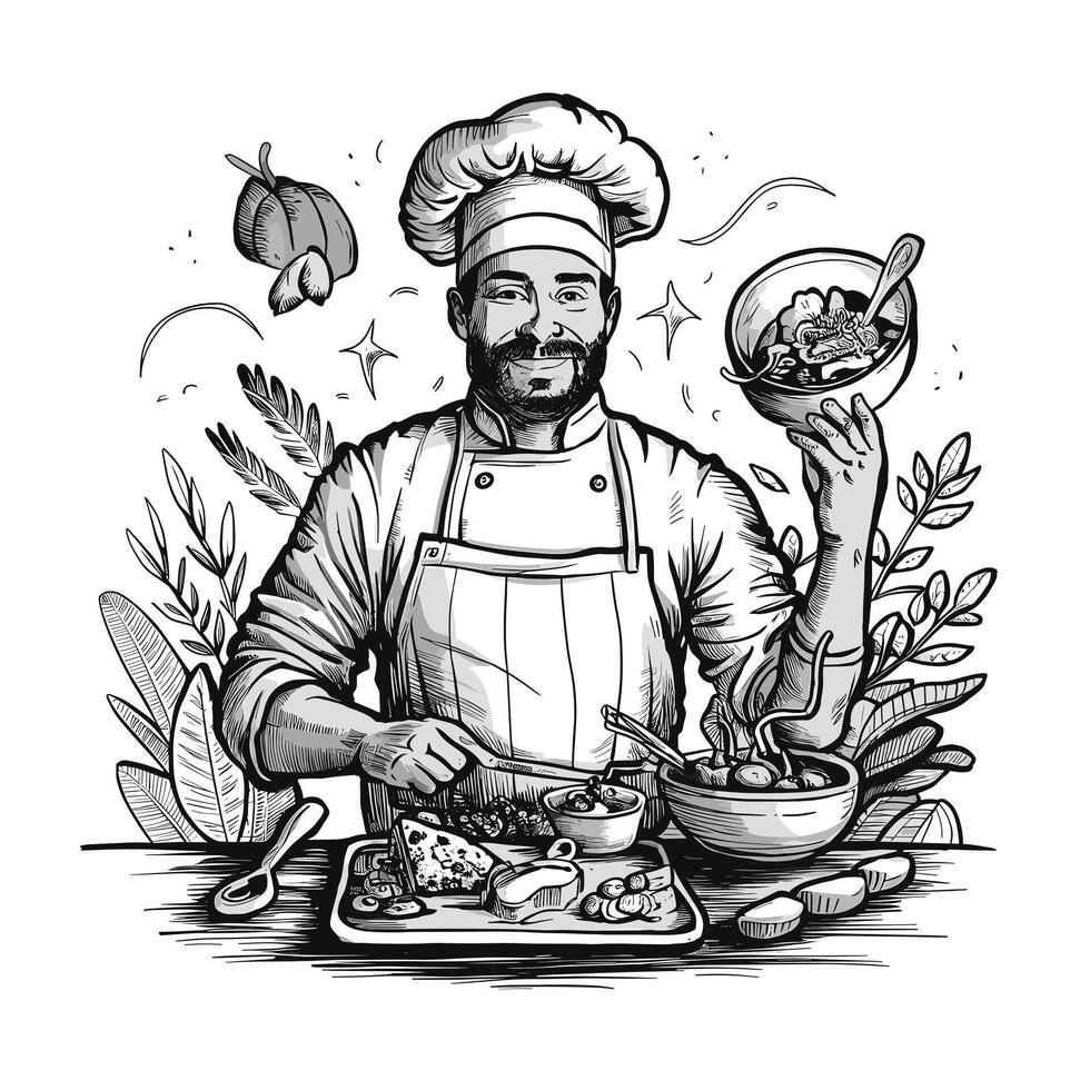 Chef with a bowl of food and vegetables vector