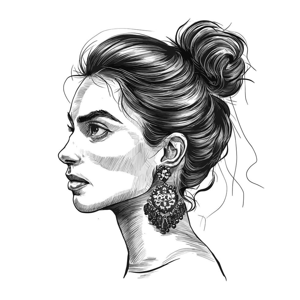 A drawing of a woman with a bun in her hair vector