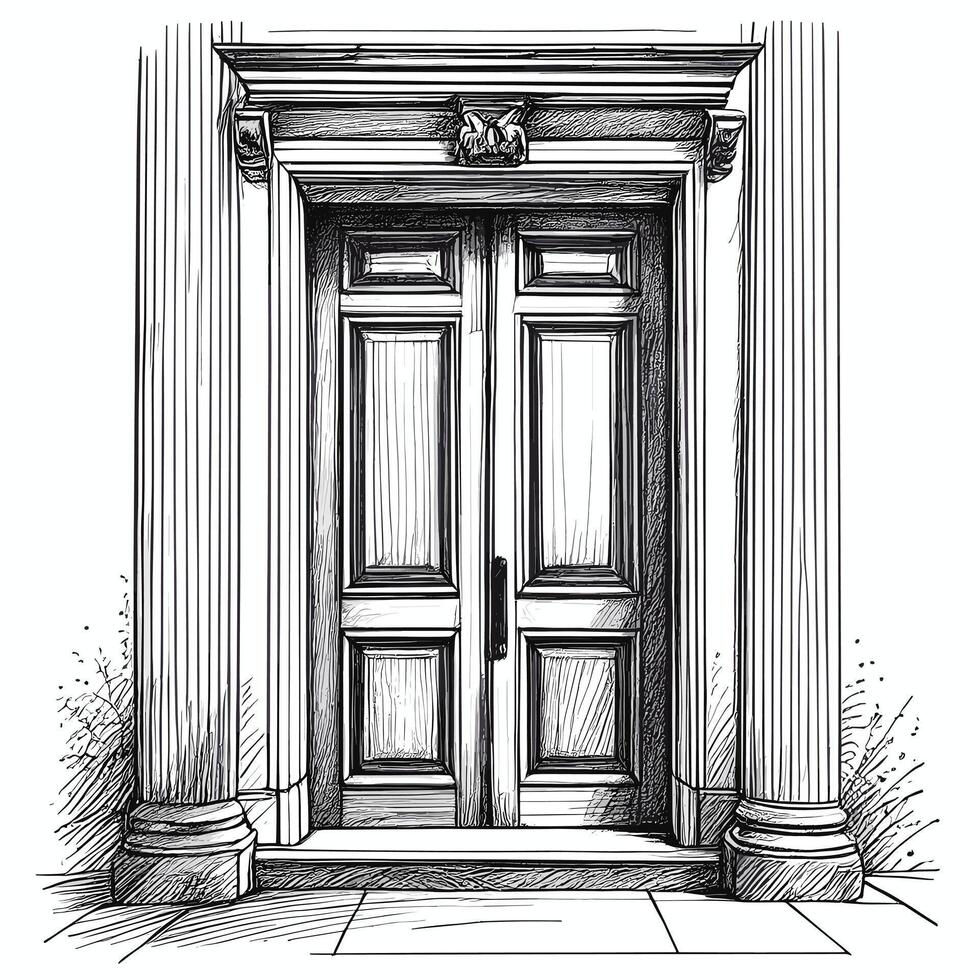 An illustration of a door with columns vector