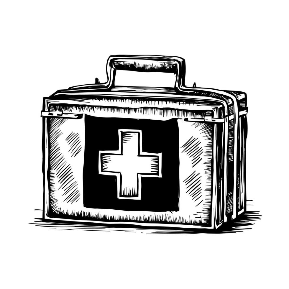 A black and white drawing of a first aid kit vector