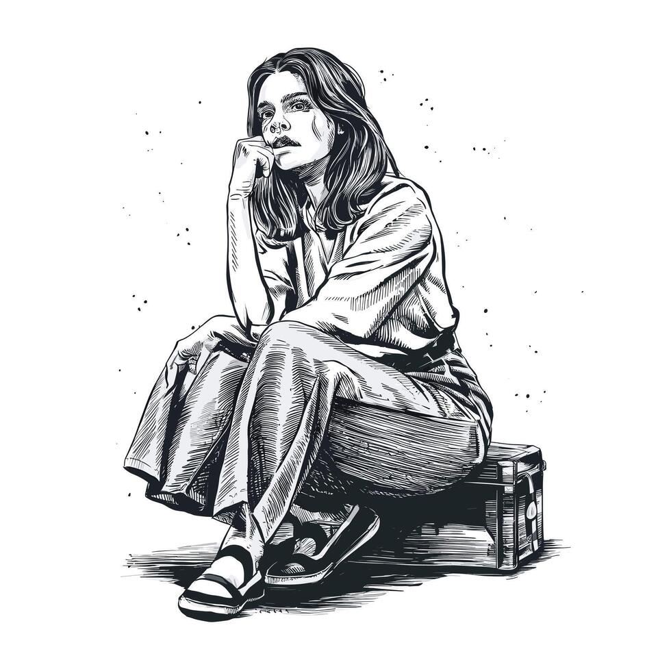 A drawing of a woman sitting on a suitcase vector