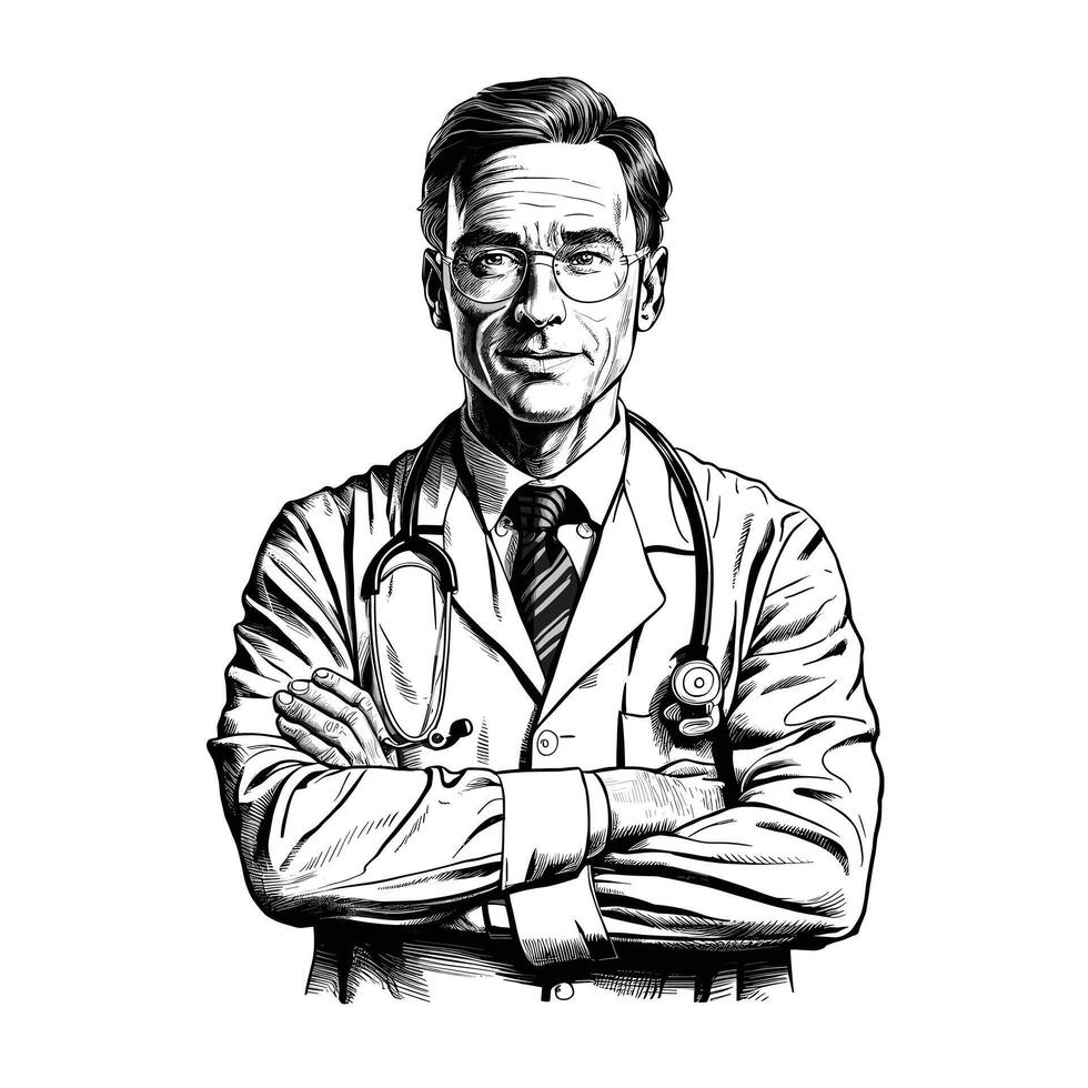 A black and white drawing of a doctor vector