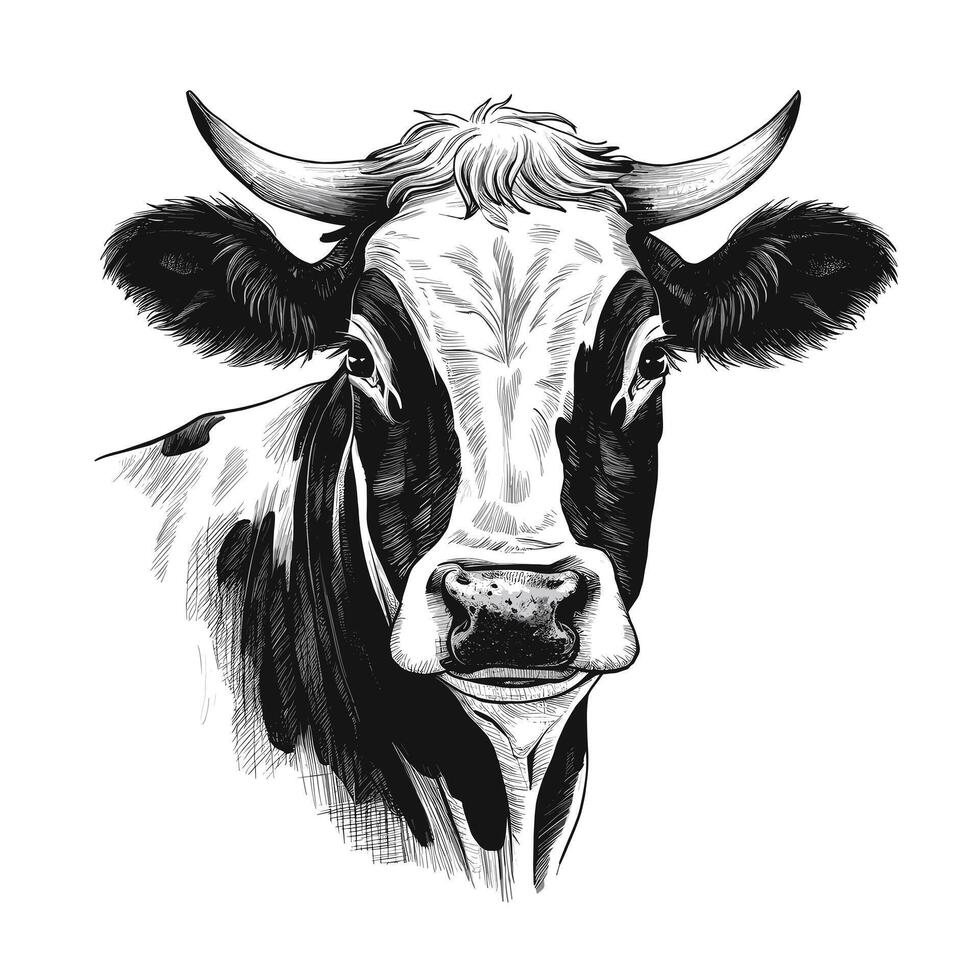 A black and white drawing of a cow's face vector