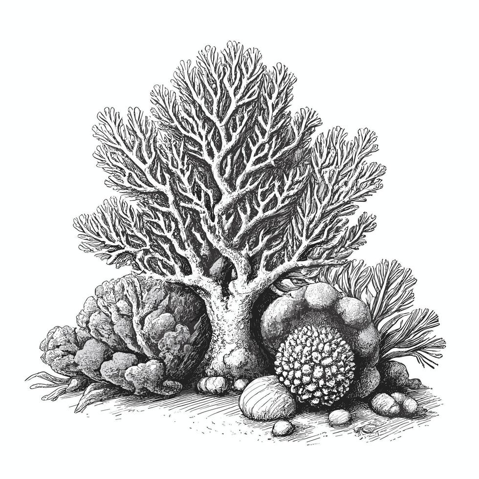 A black and white drawing of a coral tree and other plants vector