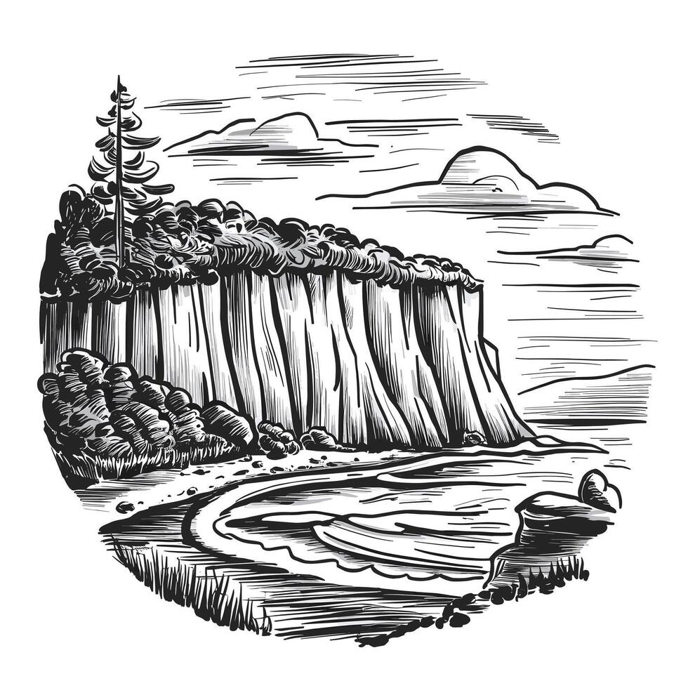 A black and white drawing of a cliff with trees and water vector
