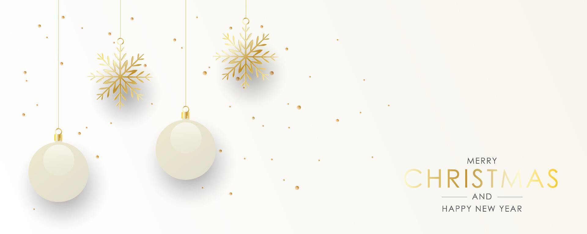 Elegant holiday banner with realistic hanging Christmas baubles vector
