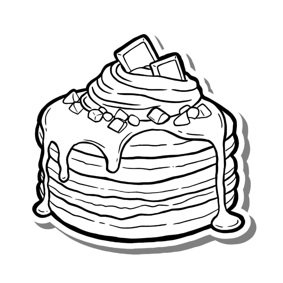 Chocolate Pancake Outline on white silhouette and gray shadow. Hand drawn cartoon style. illustration for decorate and any design. vector
