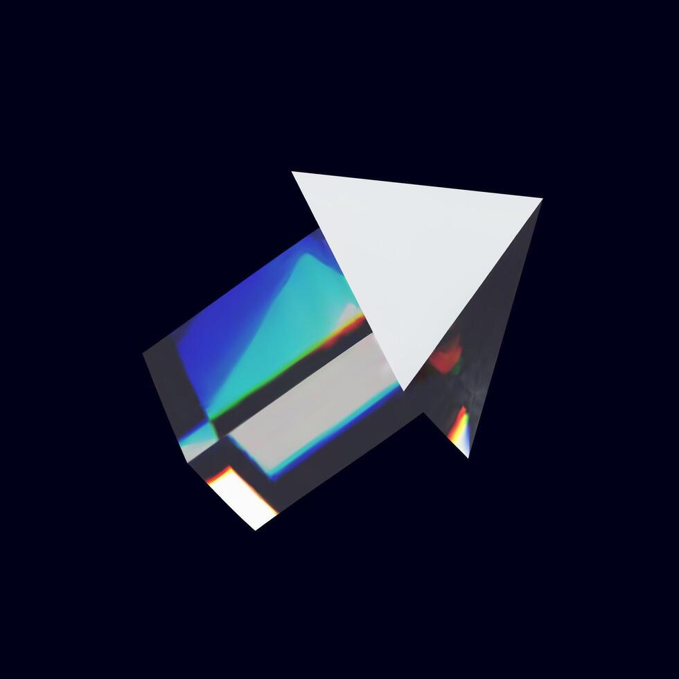 3d render glossy arrow. three-dimensional illustration. Glassmorphism crystal design. Abstract shape glasses. Realistic transparent element rainbow gradient. Hologram diamond refraction prism. vector