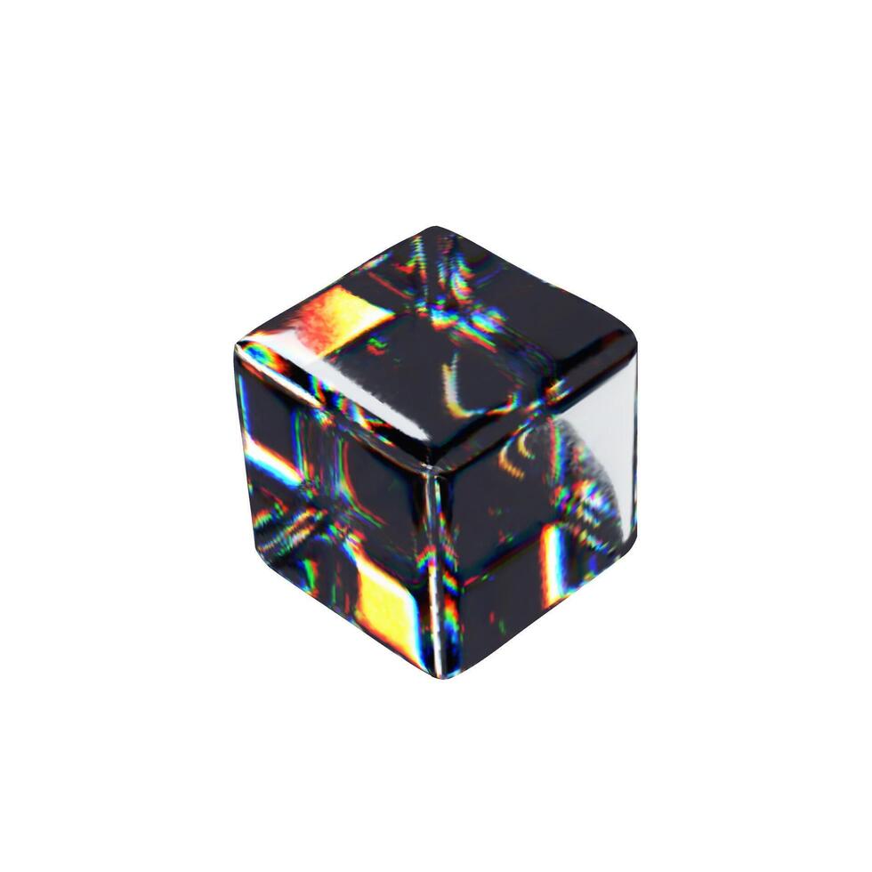 3d render glossy cube. three-dimensional illustration. Glassmorphism crystal design. Abstract shape glasses. Realistic transparent element rainbow gradient. Hologram diamond refraction prism. vector