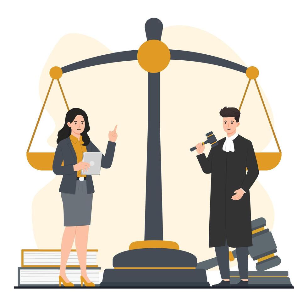 Law and justice concept Lawyer, judge, jurist, judge, justice scale, scales of justice. illustration in flat style vector
