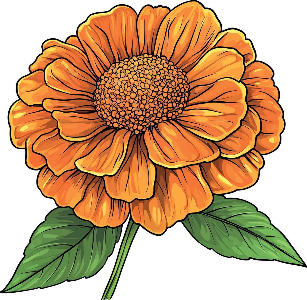 Hyperrealistic large orange flower with textured petals and lush green leaves vector