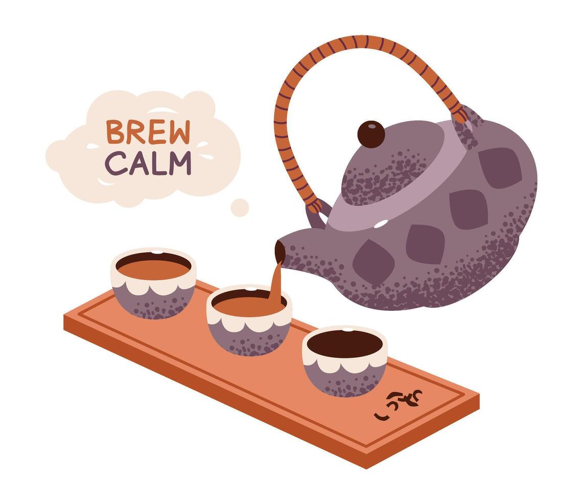 A teapot with mugs of tea and the slogan brew calm. Traditional tea drinking. Flat illustration isolated on white background vector
