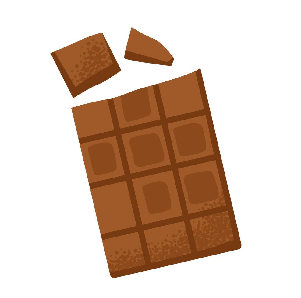 Bar of dark chocolate isolated on a white background. Sweet ingredient for baking. Chocolate treat. Flat illustration vector