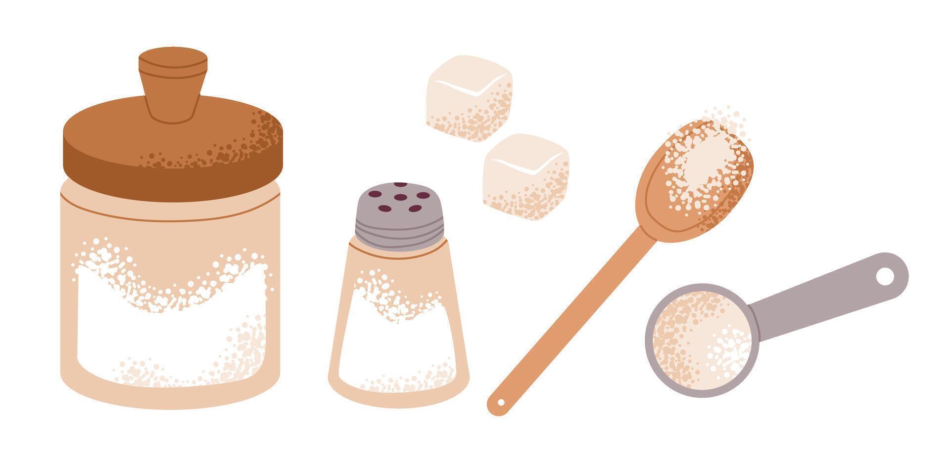 Kitchen salt and sugar isolated on white background. Essential seasonings. Flat illustration vector