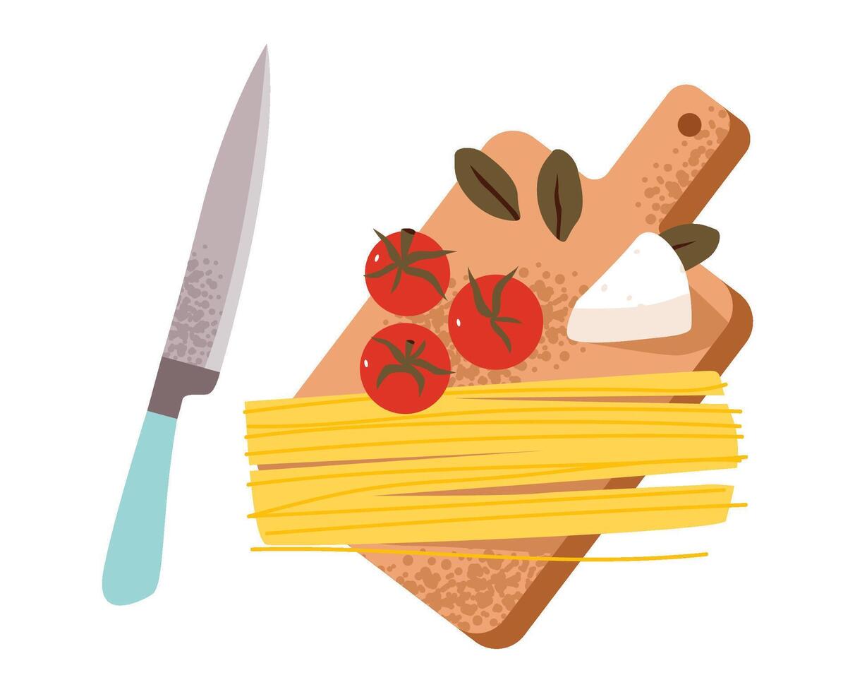 Cutting board with tomatoes, mozzarella, and fresh greens. Culinary preparation and fresh ingredients. Flat illustration vector
