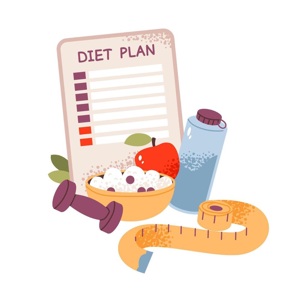 Diet plan with healthy eating and fitness. Flat illustration of food, dumbbells and measuring tape isolated on white background. Nutritionist concept vector