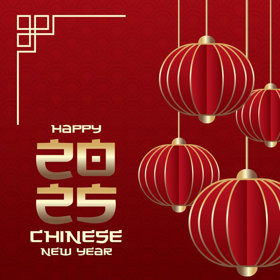 Happy Chinese new year Modern red luxury background design with Chinese pattern, hanging lantern and flowers vector
