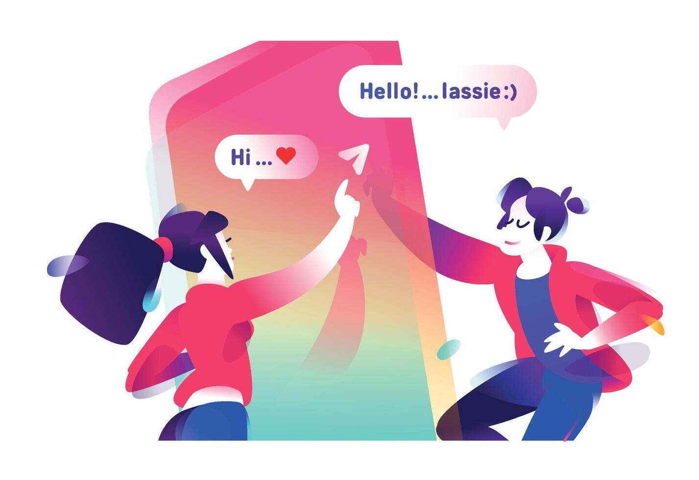 Illustration of a boy and a girl chatting on a chat. Illustration of the users of the messenger. Frame from a large illustration. Characters. Illustration for banner and website. vector