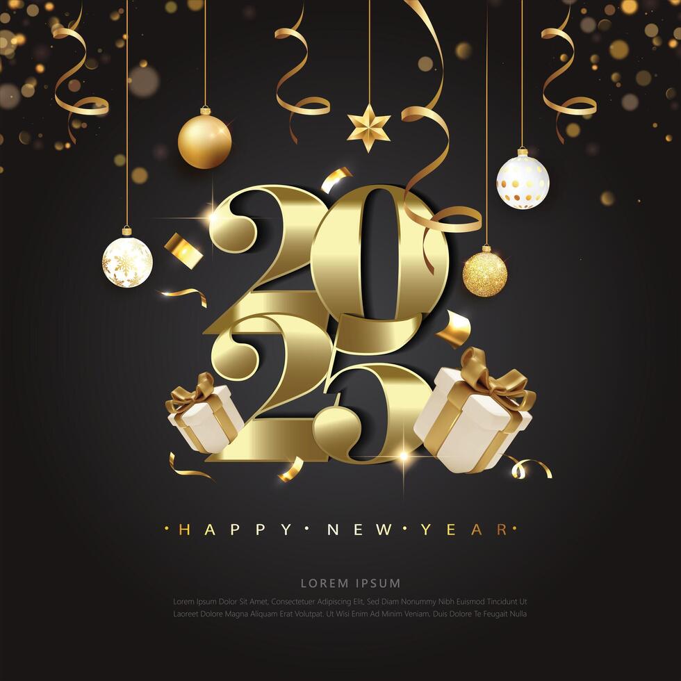 Happy new year celebration design. With shiny luxury gold 2025 number design. Premium design for happy new year 2025 celebration. vector