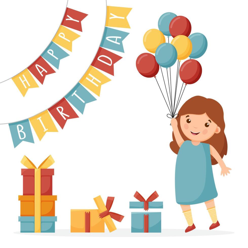 Girl holding balloons, next to gifts and a garland of flags with the inscription Happy Birthday. vector