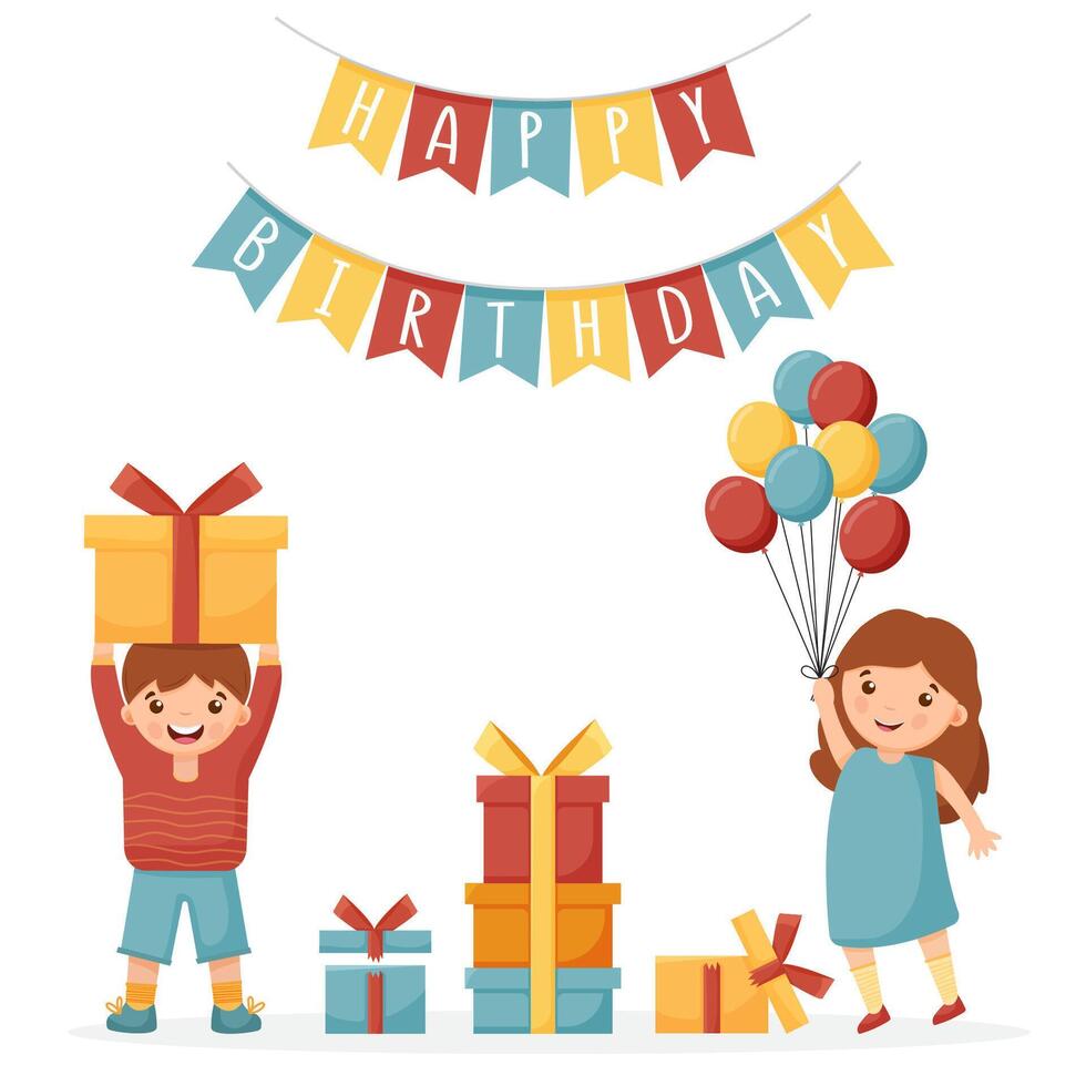 Girl holding balloons. The boy is holding a gift. Garland of flags with the inscription Happy Birthday. vector