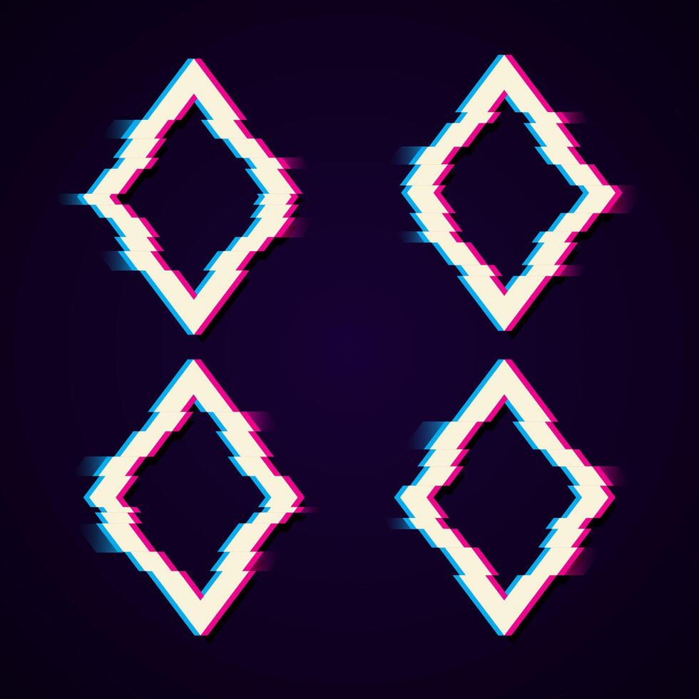 Colorful glitch rhombus geometric shape, frame with neon glitch effect on black background. vector