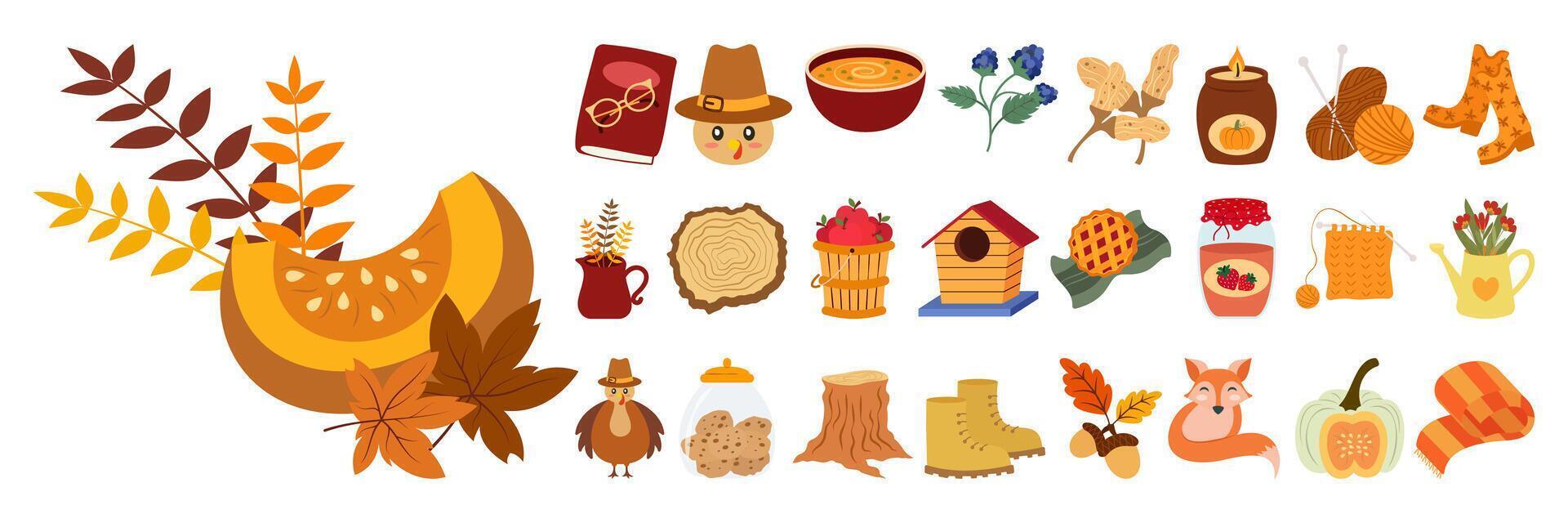 Autumn Thanksgiving flat Illustration Set Featuring Cozy Seasonal Elements. vector