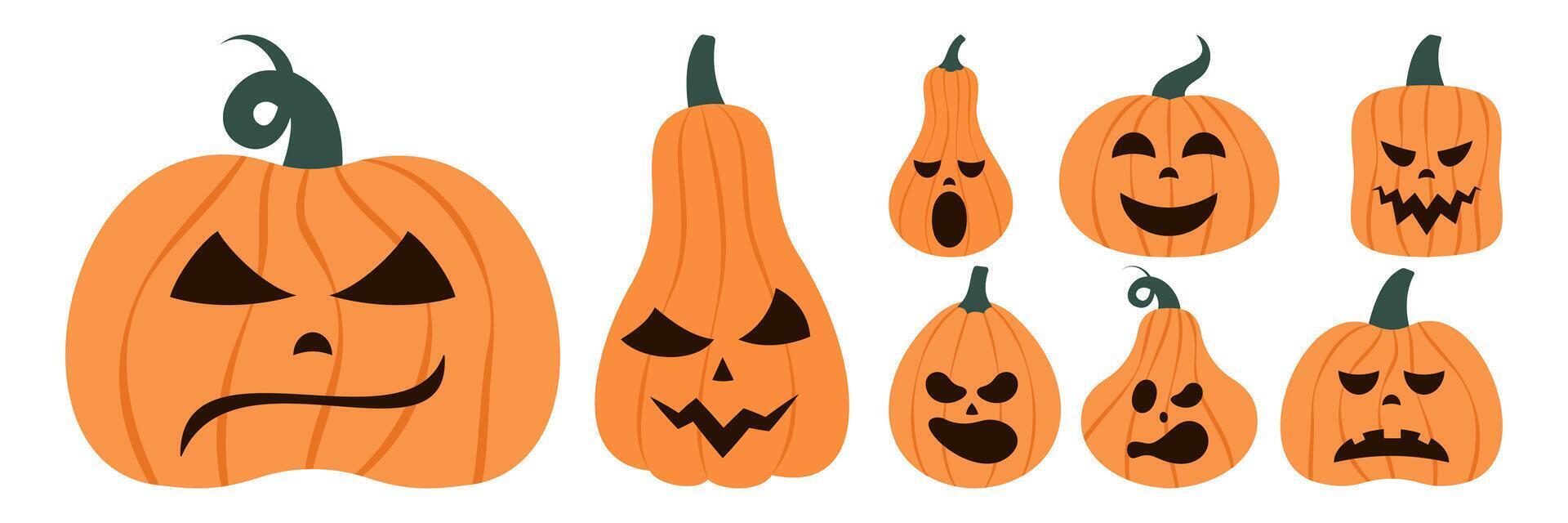 Scary pumpkins set. Spooky design for Halloween. Cute jack o lantern with different face expressions. vector
